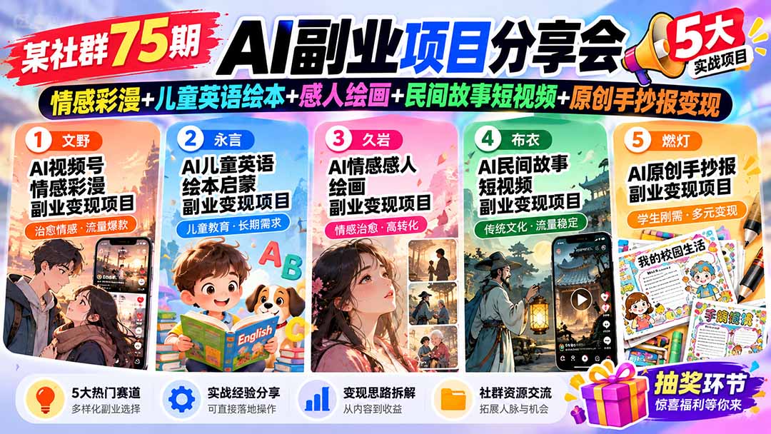 某社群75期AI副业项目分享会：情感彩漫+儿童英语绘本+感人绘画+民间故事短视频+原创手抄报变现-极客网创
