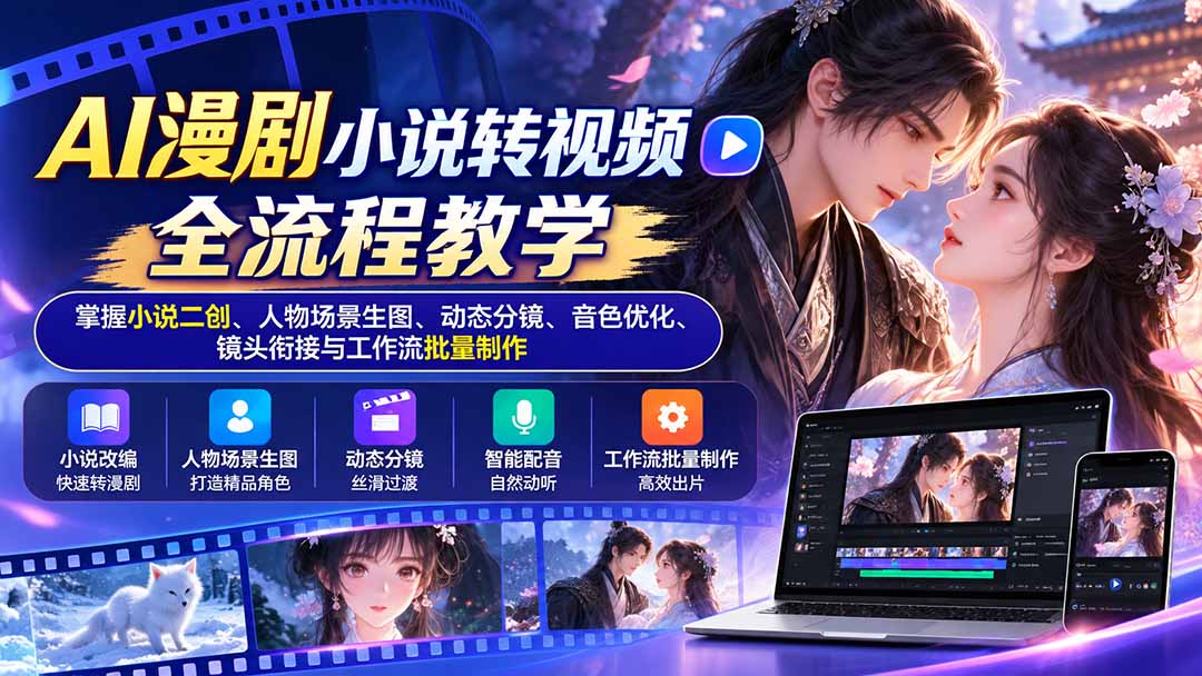 AI漫剧小说转视频全流程教学：掌握小说二创、人物场景生图、动态分镜、音色优化、镜头衔接与工作流批量制作-极客网创