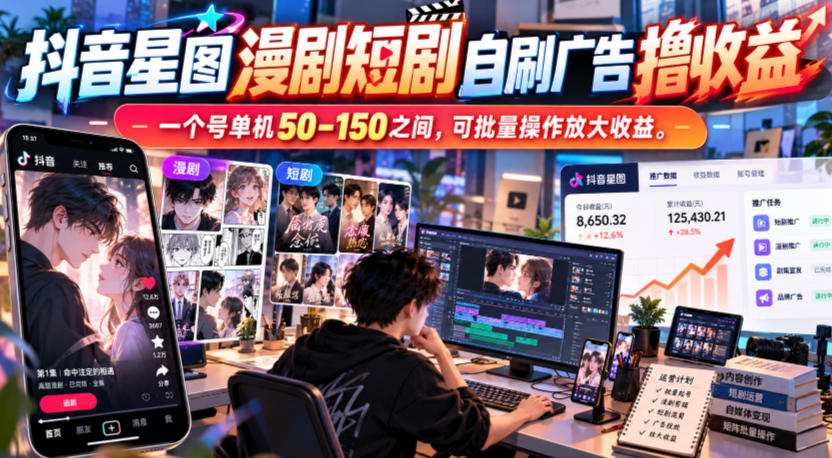 抖音星图漫剧短剧自刷广告撸收益，一个号单机50-150之间，可批量操作放大收益-极客网创