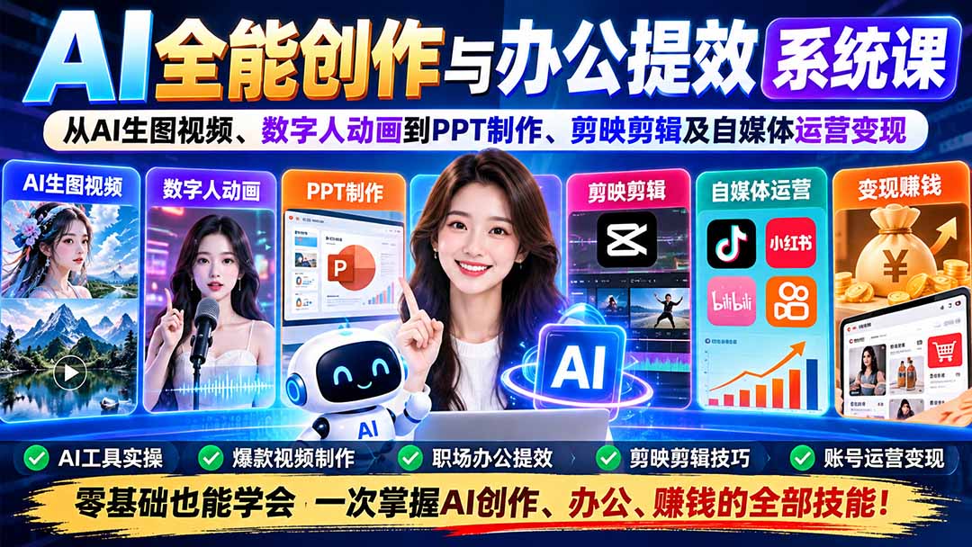 AI全能创作与办公提效系统课：从AI生图视频、数字人动画到PPT制作、剪映剪辑及自媒体运营变现-极客网创