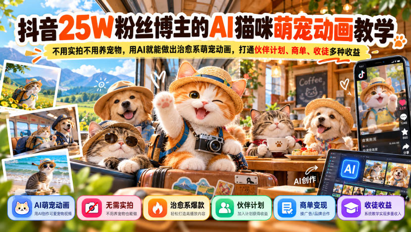 抖音25W粉丝博主的AI猫咪萌宠动画教学，不用实拍不用养宠物，用AI就能做出治愈系萌宠动画，打通伙伴计划、商单、收徒多种收益-极客网创