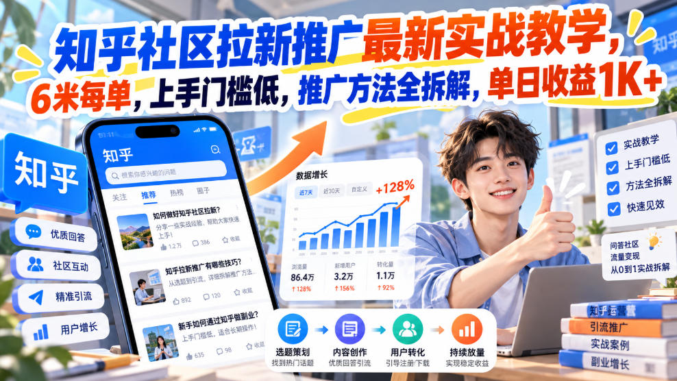 知乎社区拉新推广最新实战教学，6米每单，上手门槛低，推广方法全拆解，单日收益1K+！(更新1010)-极客网创