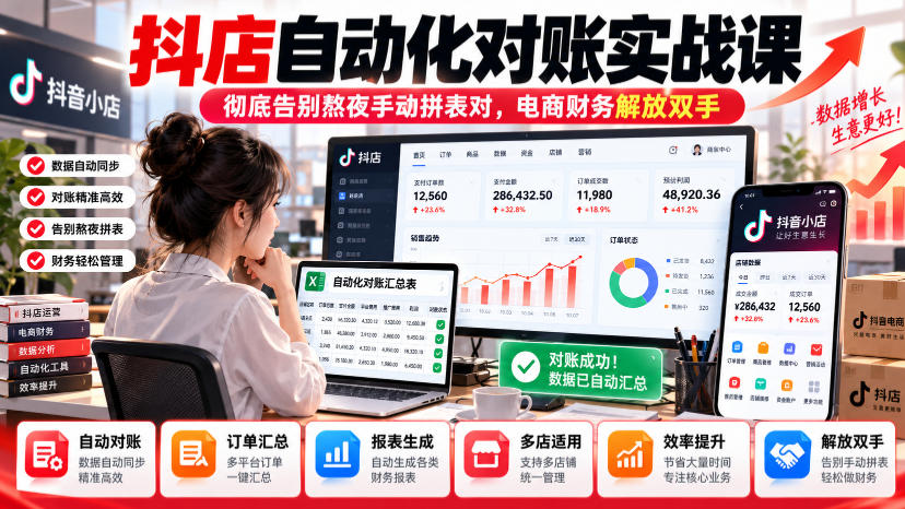 抖店自动化对账实战课,彻底告别熬夜手动拼表对,账电商财务解放双手-极客网创