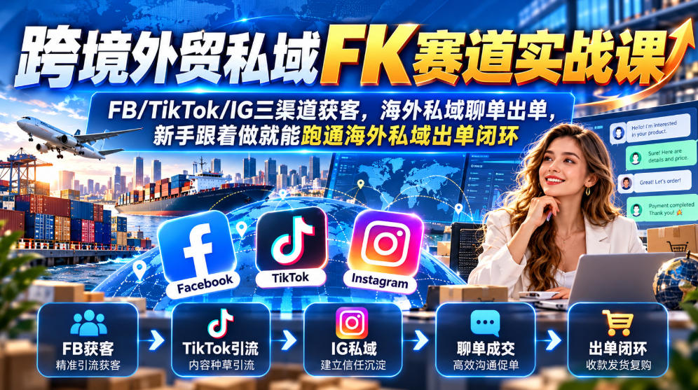 跨境外贸私域FK赛道实战课|FB/TikTok/IG三渠道获客,海外私域聊单出单,新手跟着做就能跑通海外私域出单闭环-极客网创