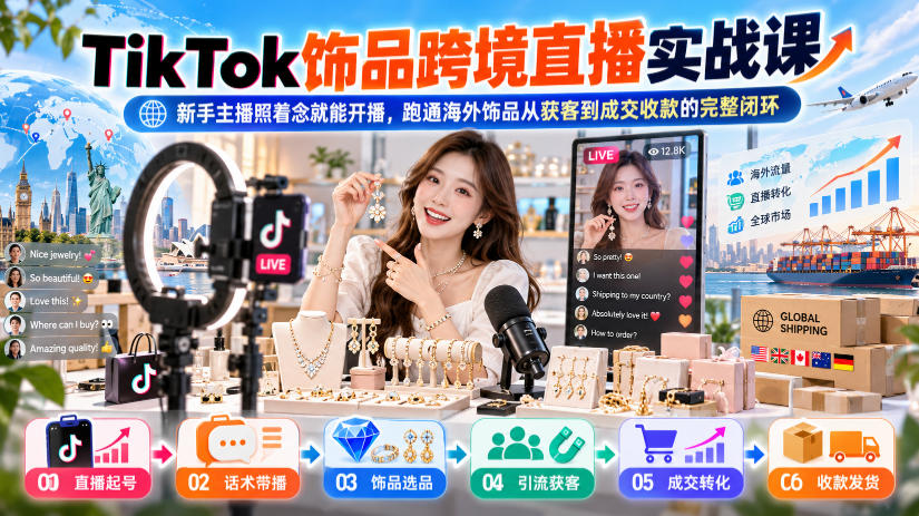 TikTok饰品跨境直播实战课,新手主播照着念就能开播,跑通海外饰品从获客到成交收款的完整闭环-极客网创