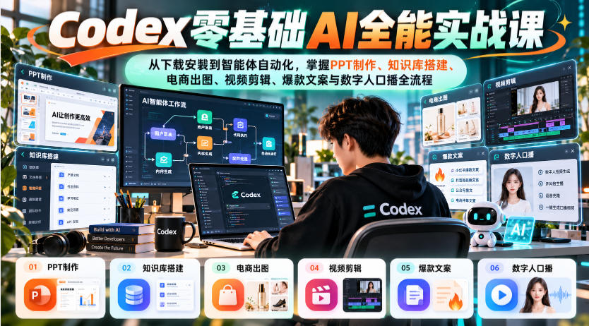 Codex零基础AI全能实战课：从下载安装到智能体自动化，掌握知识库搭建、电商出图、视频剪辑、爆款文案与数字人口播全流程-极客网创