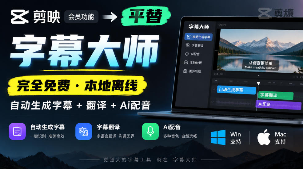 剪映会员功能平替,字幕大师完全免费本地离线,支持自动生成字幕+翻译+Ai配音,Win和Mac都支持!-极客网创