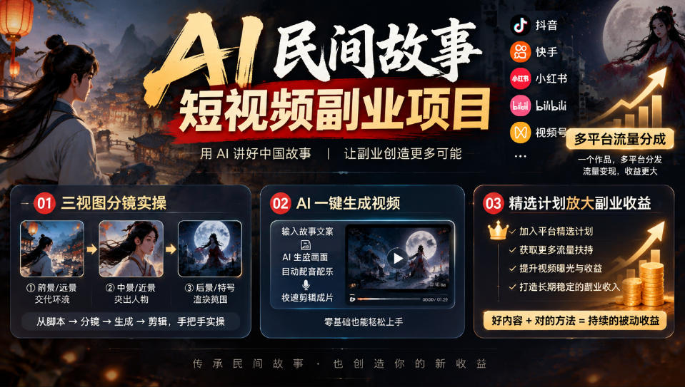 AI民间故事短视频副业项目，多平台流量分成，三视图分镜实操，精选计划放大副业收益-极客网创
