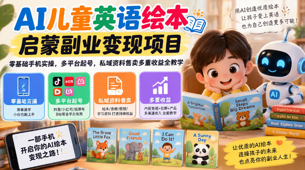 AI儿童英语绘本启蒙副业变现项目，零基础手机实操，多平台起号，私域资料售卖多重收益全教学-极客网创