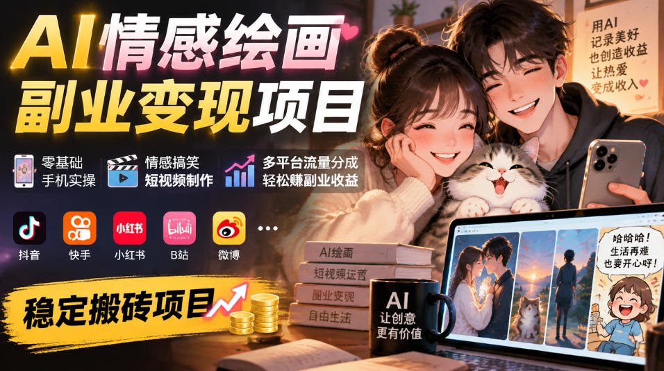 AI情感绘画副业变现项目｜零基础手机实操，情感搞笑短视频制作，多平台流量分成轻松賺副业收益-极客网创