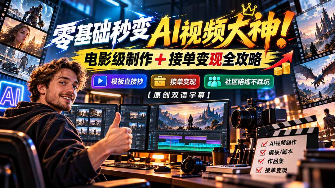 零基础秒变AI视频大神！电影级制作 + 接单变现全攻略，模板直接抄，社区陪练不踩坑【原创双语字幕】-极客网创