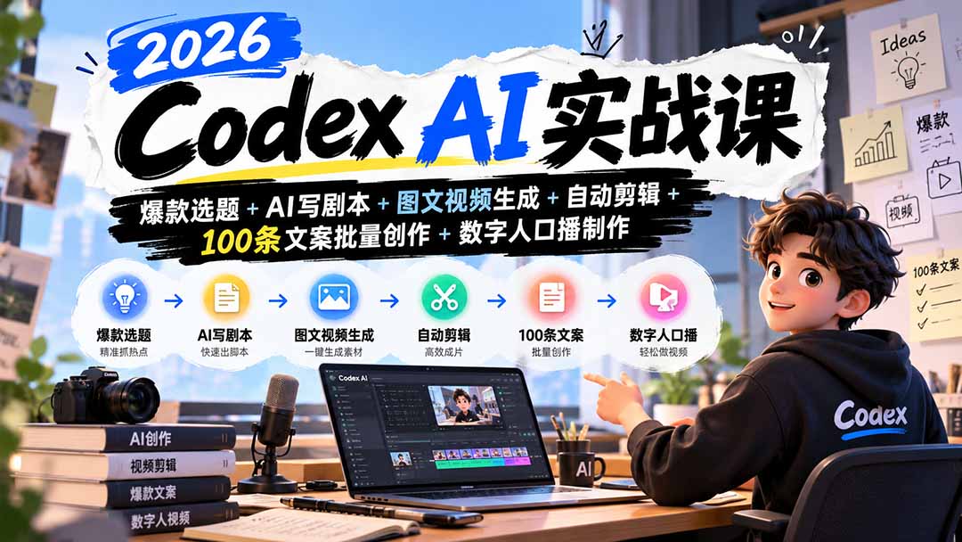 2026Codex AI实战课：爆款选题+AI写剧本+图文视频生成+自动剪辑+100条文案批量创作+数字人口播制作-极客网创