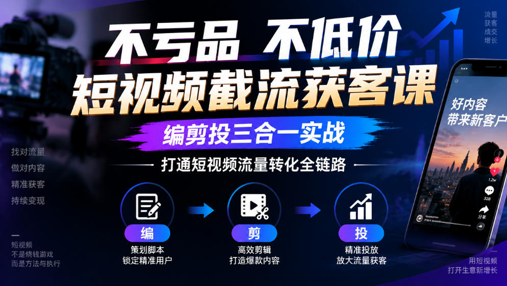 不亏品不低价短视频截流获客课，编剪投三合一实战，打通短视频流量转化全链路-极客网创
