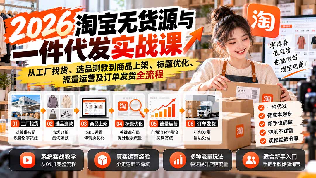 2026淘宝无货源与一件代发实战课：从工厂找货、选品测款到商品上架、标题优化、流量运营及订单发货全流程-极客网创
