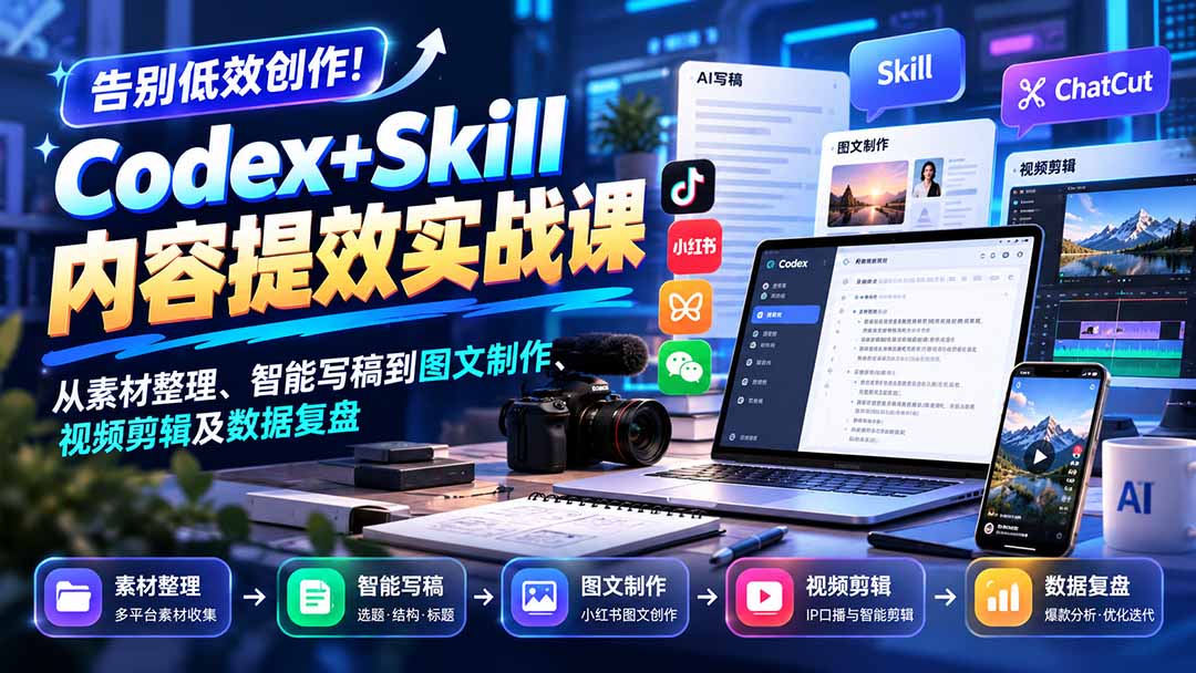 【无水印】告别低效创作!Codex+Skill内容提效实战课:从素材整理、智能写稿到图文制作、视频剪辑及数据复盘-极客网创