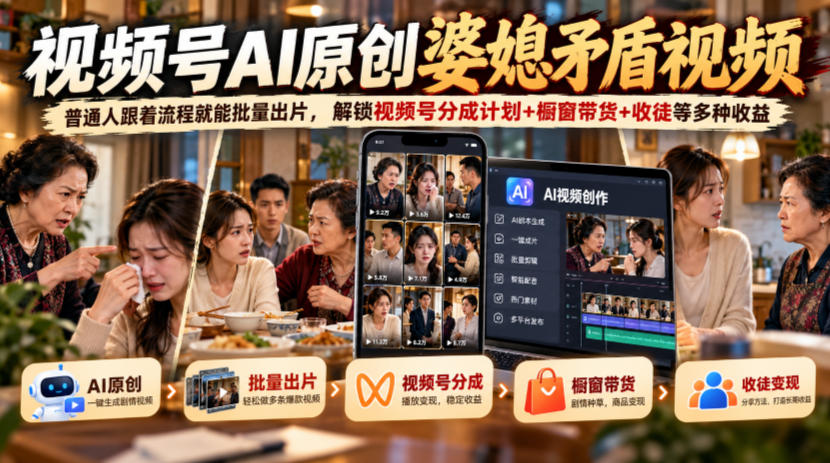 视频号ai原创婆媳矛盾视频,普通人跟着流程就能批量出片,解锁视频号分成计划+橱窗带货+收徒等多种收益-极客网创