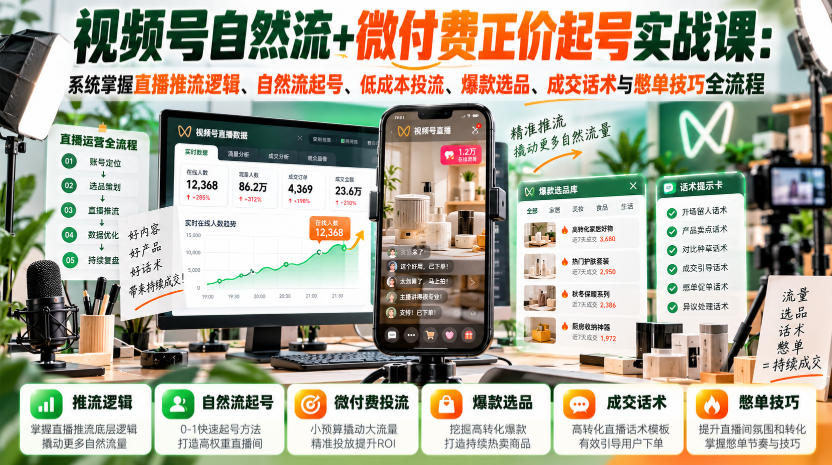 视频号自然流+微付费正价起号实战课：系统掌握直播推流逻辑、自然流起号、低成本投流、爆款选品、成交话术与憋单技巧全流程-极客网创