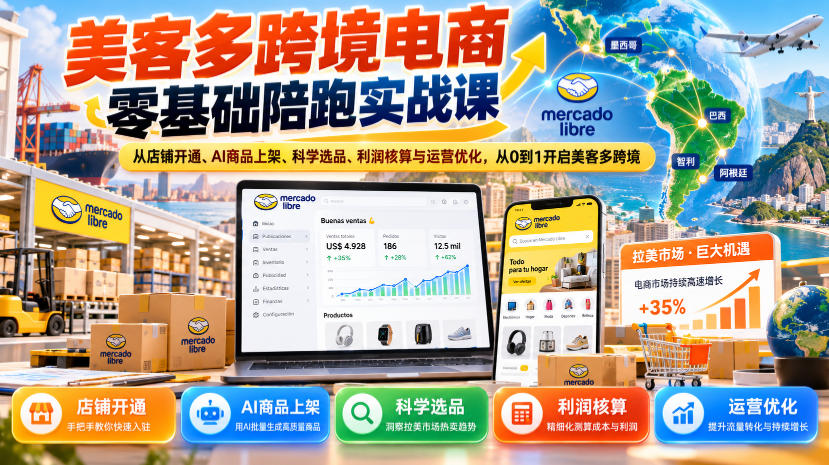 美客多跨境电商零基础陪跑实战课:从店铺开通、AI商品上架、科学选品、利润核算与运营优化,从0到1开启美客多跨境-极客网创