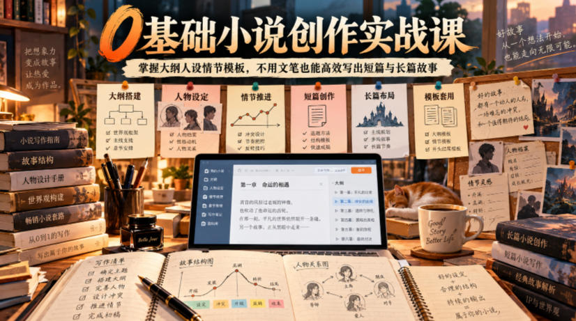 0基础小说创作实战课｜掌握大纲人设情节模板，不用文笔也能高效写出短篇与长篇故事-极客网创