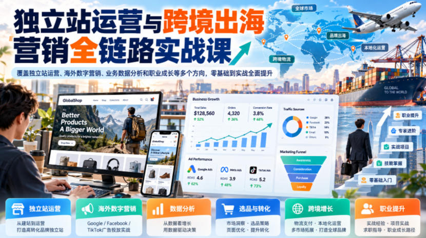 独立站运营与跨境出海营销全链路实战课，覆盖独立站运营、海外数字营销、业务数据分析和职业成长等多个方向，零基础到实战全面提升-极客网创