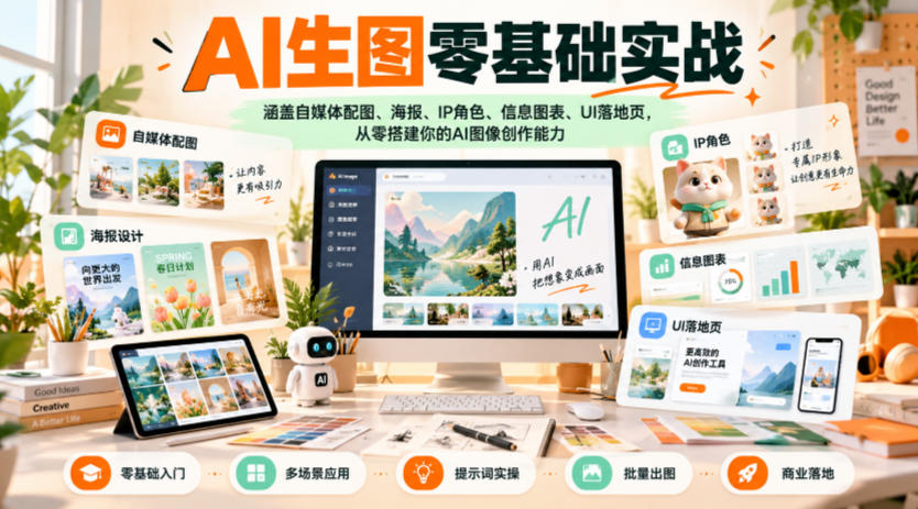 AI生图零基础实战,涵盖自媒体配图、海报、IP角色、信息图表、UI落地页,从零搭建你的AI图像创作能力-极客网创