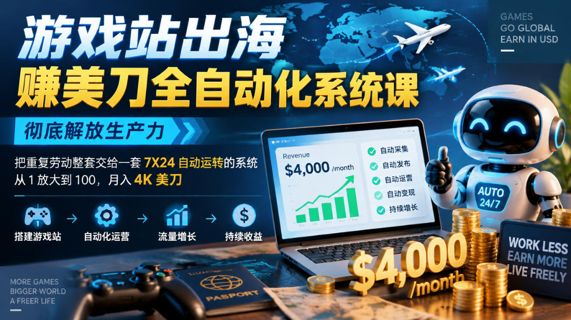 游戏站出海賺美刀全自动化系统课，彻底解放生产力–把重复劳动整套交给一套7X24自动运转的系统，从1放大到100，月入4K美刀-极客网创