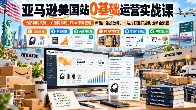亚马逊美国站0基础运营实战课｜选品利润核算、关键词布局、FBA库存管理、新品广告投放等，一站式打通开店到出单全流程-极客网创