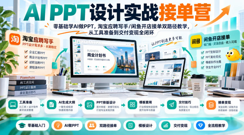 AI PPT设计实战接单营｜零基础学AI做PPT，淘宝应聘写手/闲鱼开店接单双路径教学，从工具准备到交付变现全闭环-极客网创