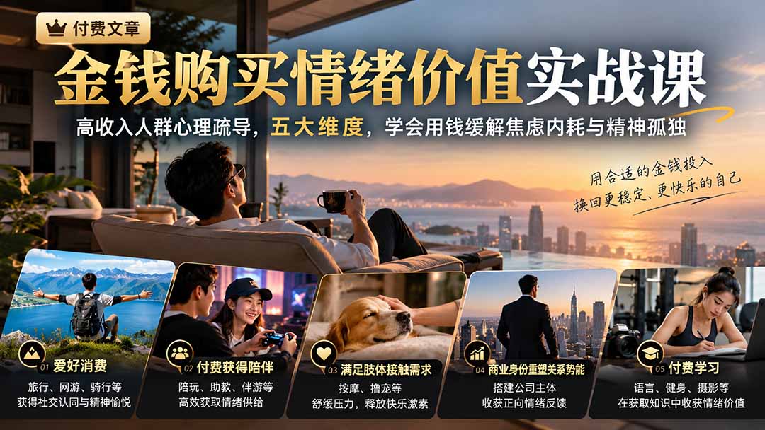 付费文章：金钱购买情绪价值实战课｜高收入人群心理疏导，五大维度，学会用钱缓解焦虑内耗与精神孤独-极客网创