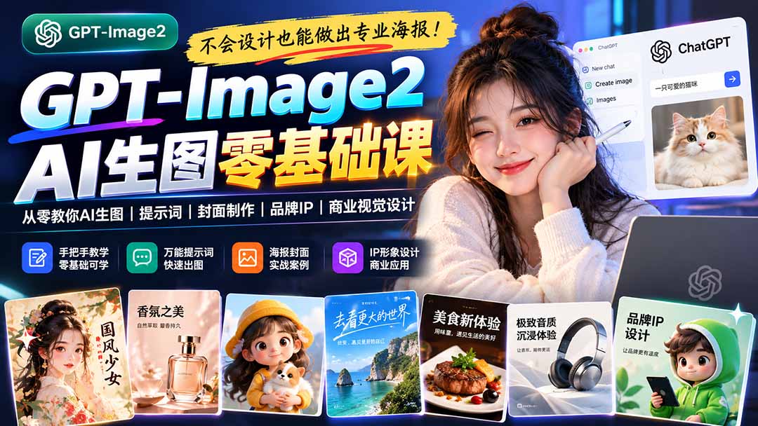 不会设计也能做出专业海报！GPT-Image2从零教你AI生图、提示词、封面制作、品牌IP与商业视觉设计-极客网创