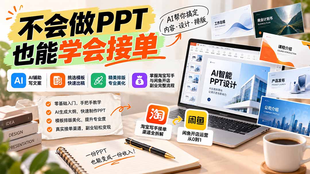 不会做PPT也能学会接单：AI辅助写文案、挑模板、做排版，掌握淘宝写手与闲鱼开店副业完整流程-极客网创