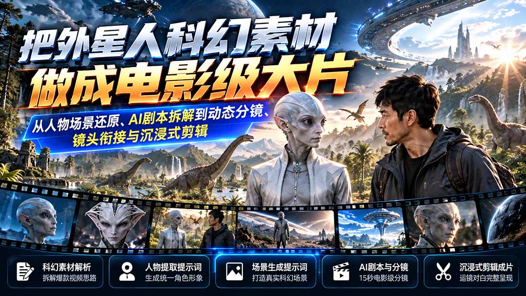 把外星人科幻素材做成电影级大片：从人物场景还原、AI剧本拆解到动态分镜、镜头衔接与沉浸式剪辑-极客网创