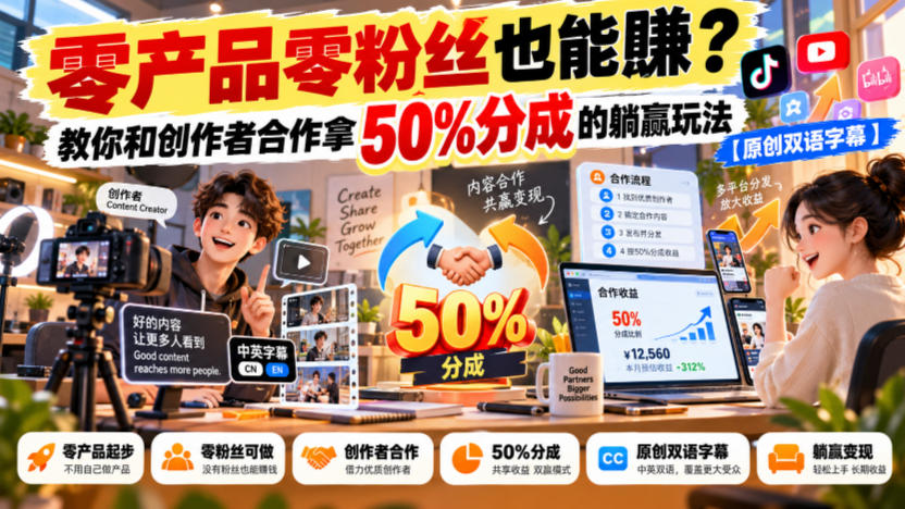 【无水印】零产品零粉丝也能賺？教你和创作者合作拿50%分成的躺赢玩法【原创双语字幕】-极客网创