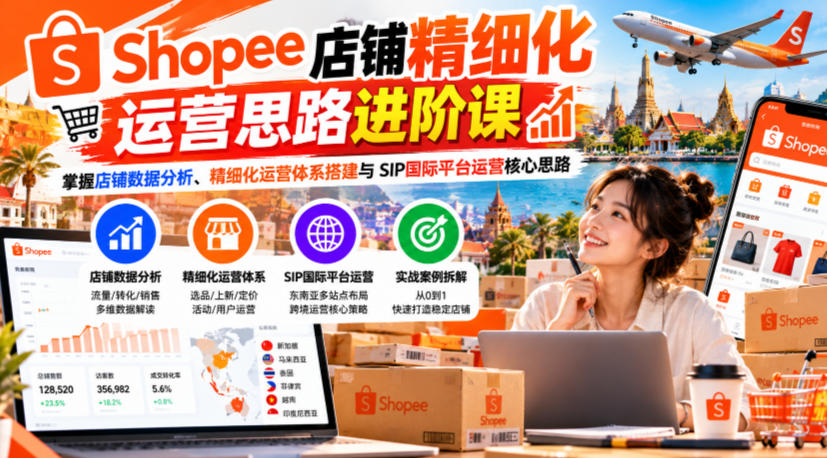 Shopee店铺精细化运营思路进阶课，掌握店铺数据分析、精细化运营体系搭建与SIP国际平台运营核心思路-极客网创