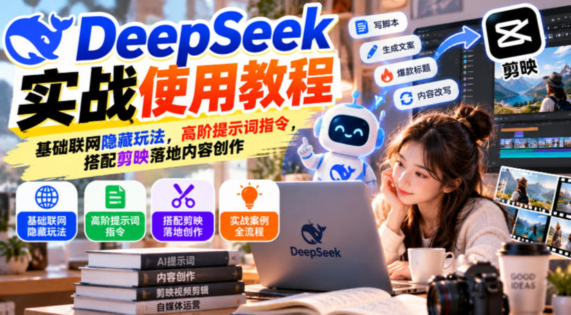 DeepSeek实战使用教程｜基础联网隐藏玩法，高阶提示词指令，搭配剪映落地内容创作-极客网创