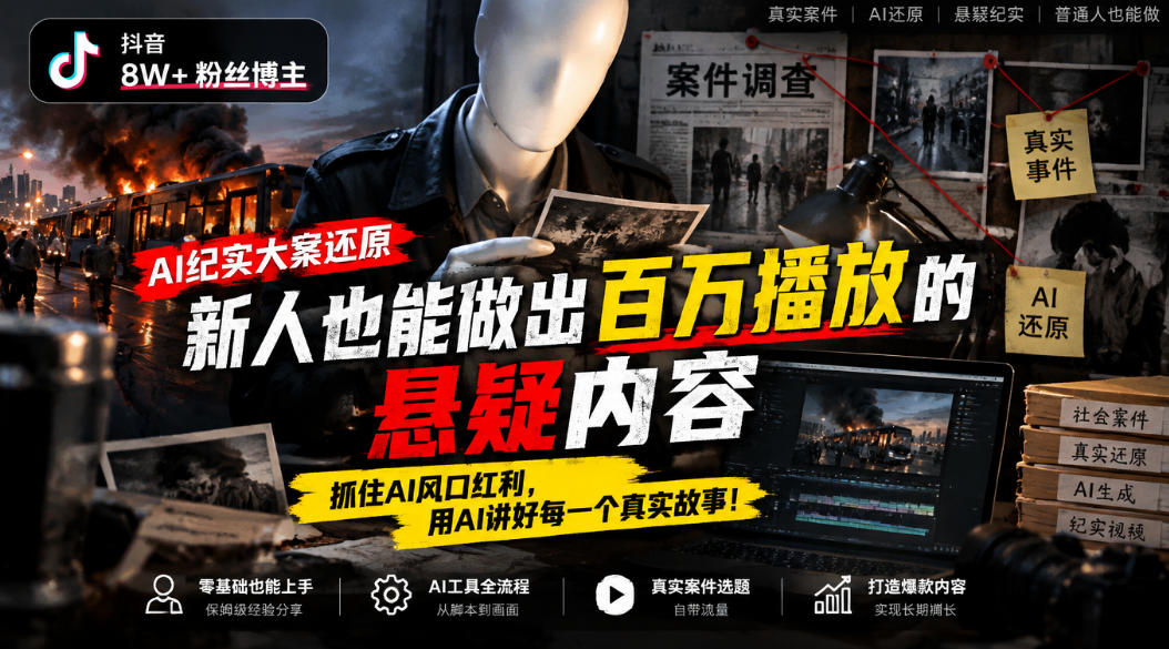 抖音8W粉丝博主的AI纪实大案还原教学,新人也能做出百W播放的悬疑内容,抓住AI风口红利,用AI讲好每一个真实故事(更新1014)-极客网创