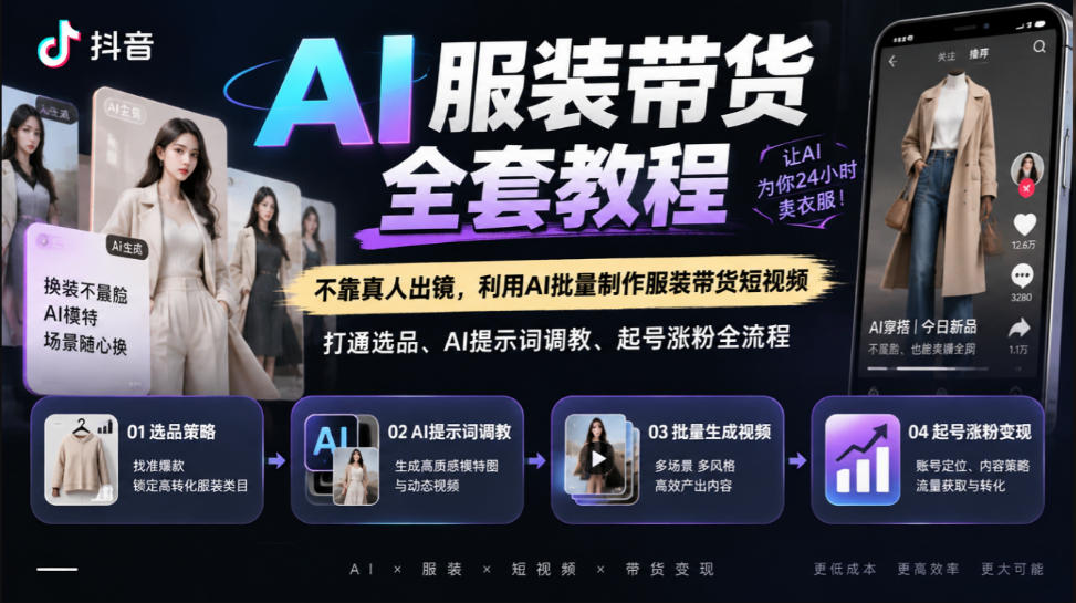 抖音AI服装带货全套教程,不靠真人出镜,利用AI批量制作服装带货短视频,打通选品、AI提示词调教、起号涨粉全流程-极客网创