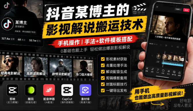 抖音某博主的影视解说搬运技术,手机操作,手法+软件模板搭配-极客网创