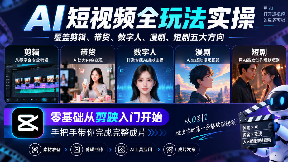 AI短视频全玩法实操,覆盖剪辑、带货、数字人、漫剧、短剧五大方向,零基础从剪映入门开始,手把手带你完成完整成片-极客网创