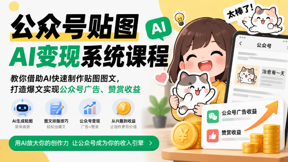 公众号贴图AI变现系统课程|教你借助AI快速制作贴图图文,打造爆文实现公众号广告、赞赏收益-极客网创