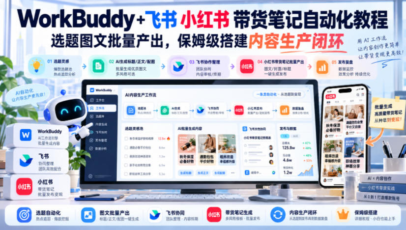 WorkBuddy+飞书小红书带货笔记自动化教程,选题图文批量产出,保姆级搭建内容生产闭环【文档】-极客网创