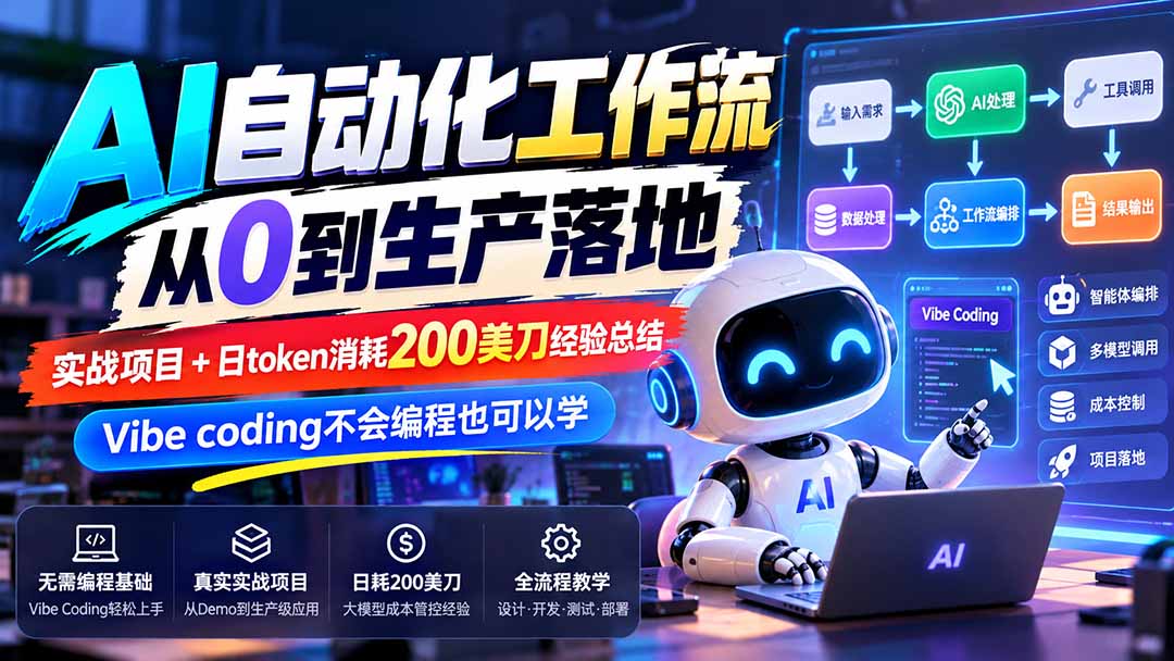 【无水印】AI自动化工作流从0到生产落地,实战项目+日token消耗200美刀经验总结,Vibe coding不会编程也可以学-极客网创