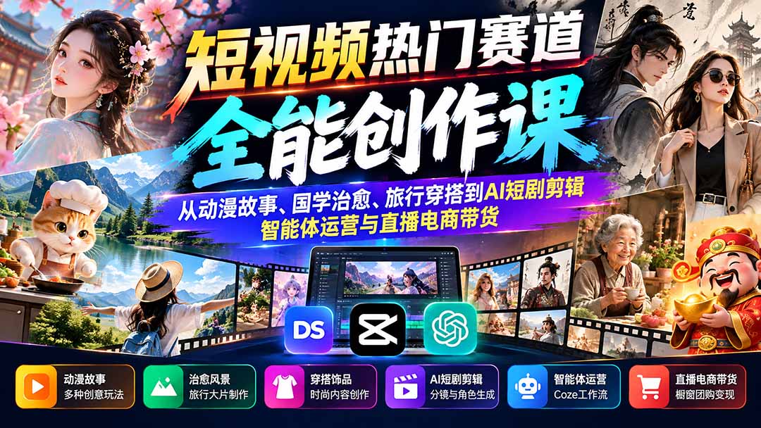 短视频热门赛道全能创作课:从动漫故事、国学治愈、旅行穿搭到AI短剧剪辑、智能体运营与直播电商带货-极客网创
