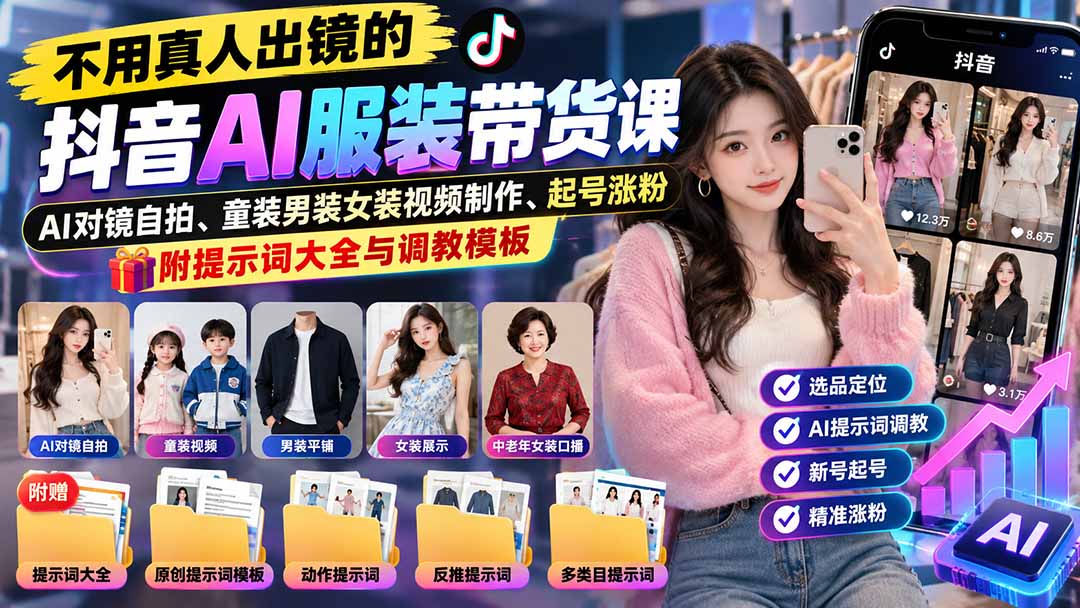 不用真人出镜的抖音AI服装带货课:AI对镜自拍、童装男装女装视频制作、起号涨粉,附提示词大全与调教模板-极客网创
