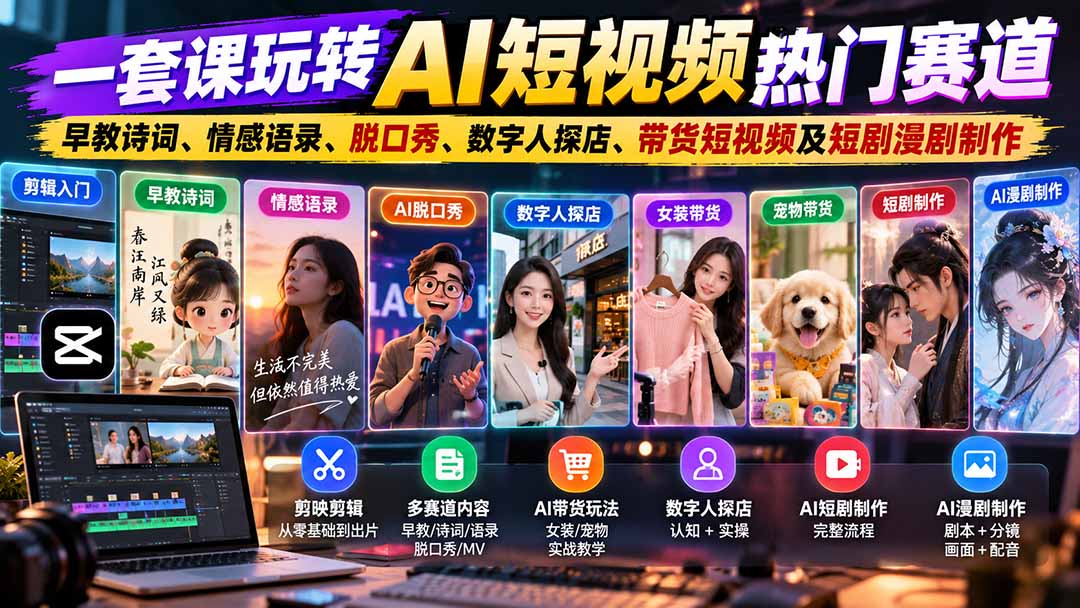 一套课玩转AI短视频热门赛道:早教诗词、情感语录、脱口秀、数字人探店、带货短视频及短剧漫剧制作 复制标题-极客网创