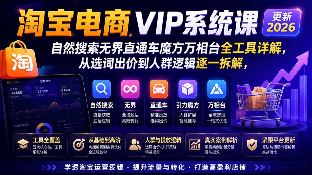 2026淘宝电商终局之战VIP课-更新1015:自然搜索+直通车+无界+精准人群,系统掌握测款动销与全店推广布局方法-极客网创