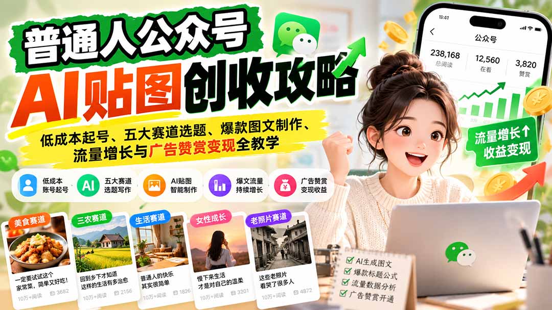 普通人公众号AI贴图创收攻略:低成本起号、五大赛道选题、爆款图文制作、流量增长与广告赞赏变现全教学-极客网创