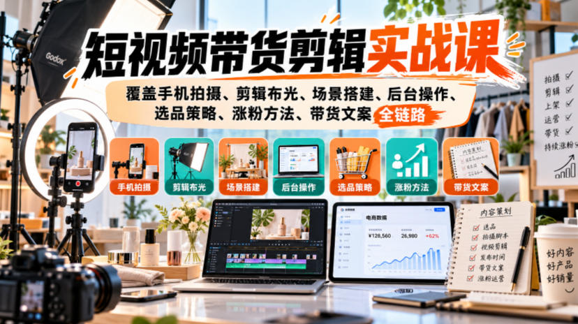 短视频带货剪辑实战课,覆盖手机拍摄、剪辑布光、场景搭建、后台操作、选品策略、涨粉方法、带货文案全链路-极客网创