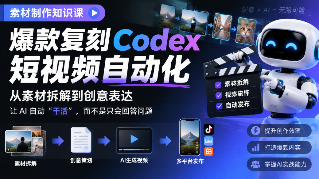 素材制作知识课,爆款复刻Codex短视频自动化,从素材拆解到创意表达,让AI自动“干活”,而不是只会回答问题-极客网创