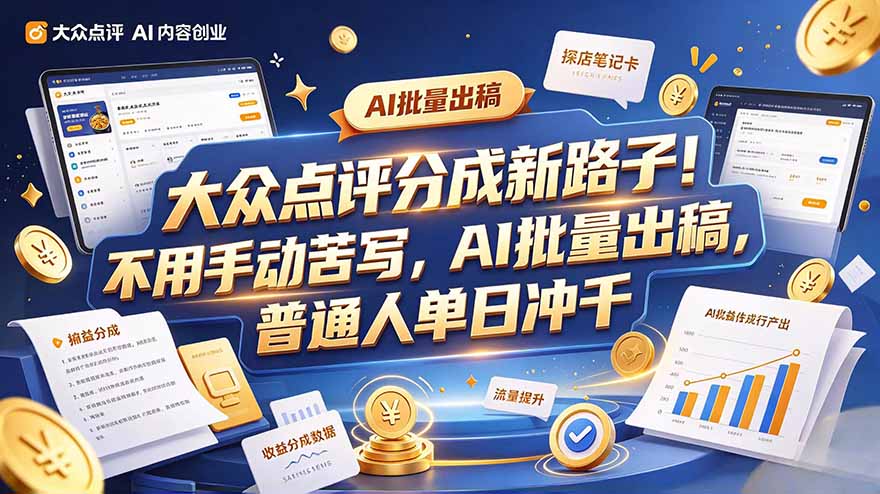 大众点评副业新玩法,工具提效解放双手,批量做笔记,单日可破千-极客网创